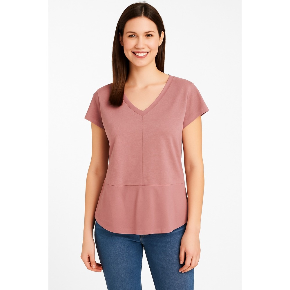 Bar Iii Petite V-Neck Mixed-Media T-Shirt Deco Mauve Women's Sz PL Short Sleeve